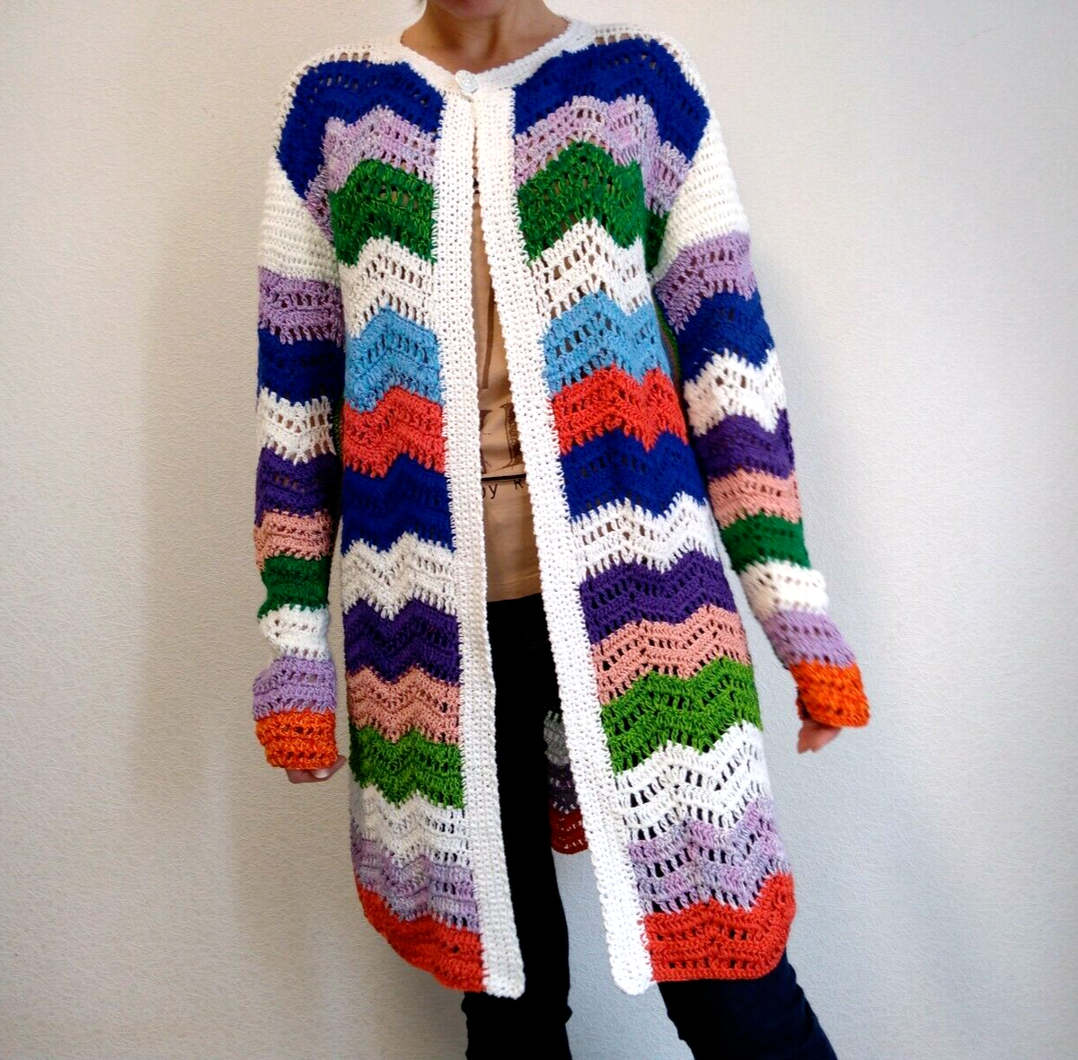 Rainbow cardigan crochet colorful knit jacket sweater zig zag festival  hippie