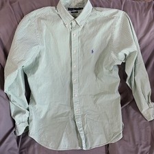 Ralph Lauren 16.5 L Green White Striped Classic Fit Button-Down Purple Pony
