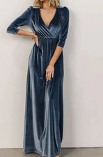 Baltic Born Sofia Velvet Maxi Dress Blue V-Neck 3/4 Sleeve Long Pullover Size XL