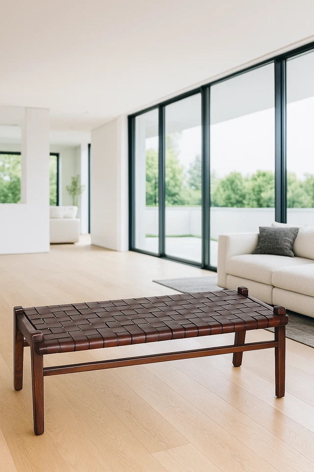 Leder Sitzbank Teak Holz Bank Boho Lederbank Holzbank Vintage Sitzmöbel  - Bild 2 von 4