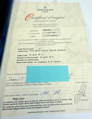 Patek Philippe Ref 4820 Certificate