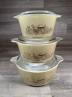 Vintage Pyrex Forest Fancies Mushroom 3 Piece Bowl Set w/ Lids 473 474 475 READ!