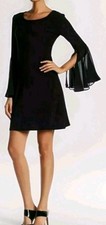 Catherine Malandrino Black Dress Chiffon Bell Sleeve size M Stretch Knit 34" 