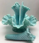 Vintage Fenton Blue Milk Glass Hobnail Epergne 3-Horn, 1 Broken