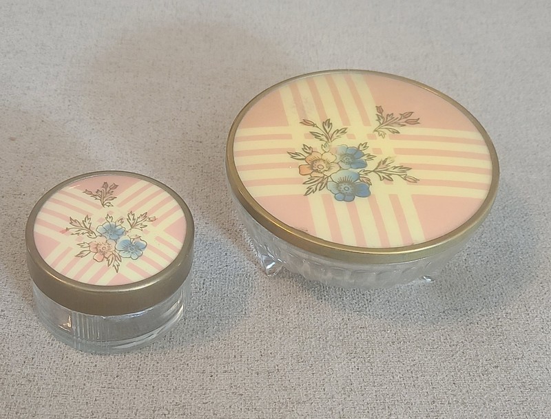 Vintage Art Deco Vanity Jars Set of 2 Peach Striped Floral Footed Powder, Cream