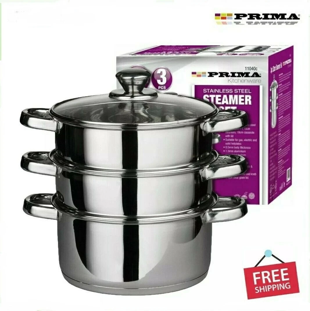 3PC STAINLESS STEEL STEAMER COOKER POT PAN SET GLASS LIDS 3 TIER COOK FOOD UK