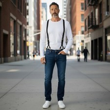 Black Braided Genuine Leather Suspenders Y Back Adjustable 6 Button Fasteners