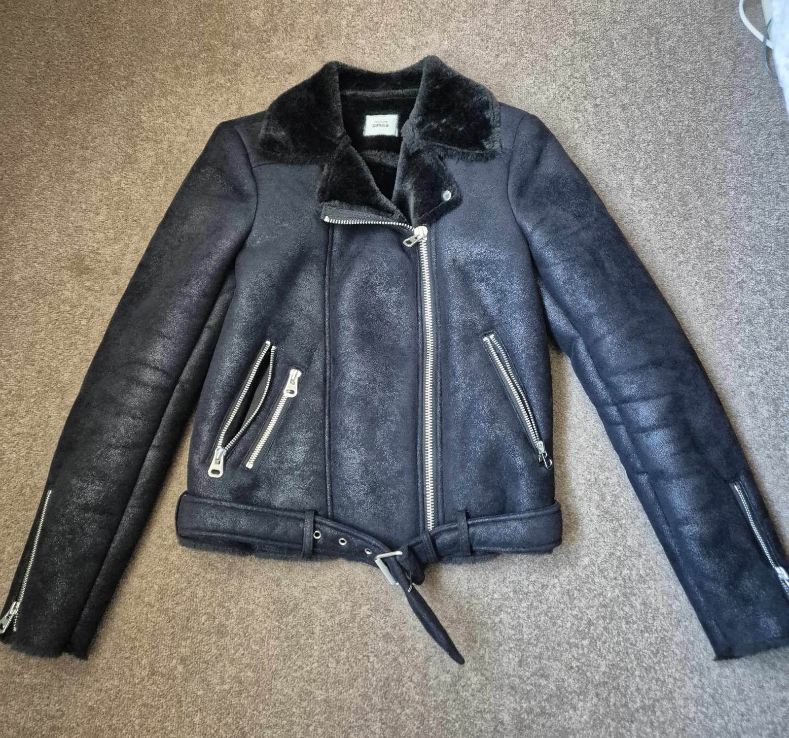 Pinkie Full Fur Lined Black Jacket Belted Size EU XS Thick