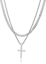 Layered Chain Cross Necklace for Men, Stainless Steel Cuban Link 20 inches