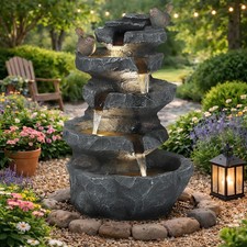 Fuente de Agua Exterior, Fuente Cascada 5 Niveles con LED y Bomba Ajustable