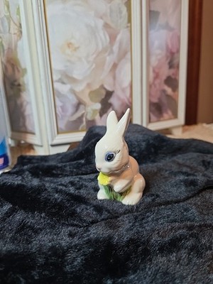 Little Ceramic Easter Bunny Figure Rabbit Figurine White With Big Blue Eyes 3'' H