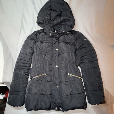 Guess Puffer Jacket Womens L Black Excellent Hooded Quilted Parka Outerwear