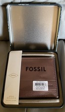 NEW FOSSIL Lufkin Medium BROWN LEATHER Bifold TRAVELER Men  s WALLET w/Tin Case 