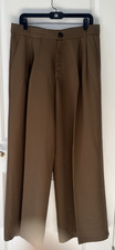 Zara Women  s Olive Green Wide Leg Trousers Zip Button Hook- Eye Waist Size L