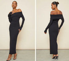 PrettyLittleThing Black Fold Detail Ruched Sleeve Maxi Dress S NWT $57