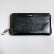 Diesel Men Long Wallet Round Zipper Black Blue Genuine Leather Vintage Luxury