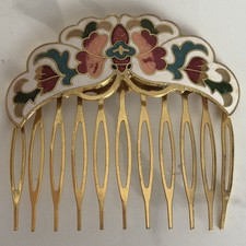 Vintage Cloisonn Enamel Hair Comb Featuring Floral Design In Gold Tone