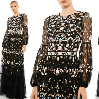 Mac Duggal 35111 Womens Embroidered Blouson Sleeve Gown Dress Black Size 4