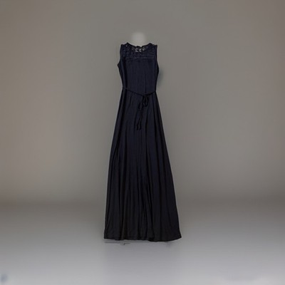 Calvin Klein Black Floor Length Dress Size 2 Small w/ Lace Yoke, Tie Waist Belt