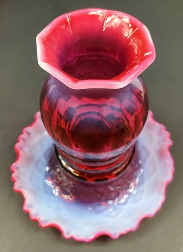 Pair of Fenton Cranberry Opalescent One Piece 1 Pc Fairy Lamps Diamond Optic EUC - Picture 4 of 12