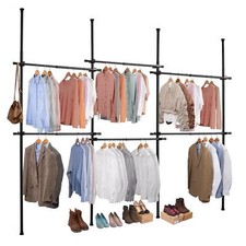 Telescopic Triple Black Wardrobe Hanging Rail Clothes Rack Adjustable Storage