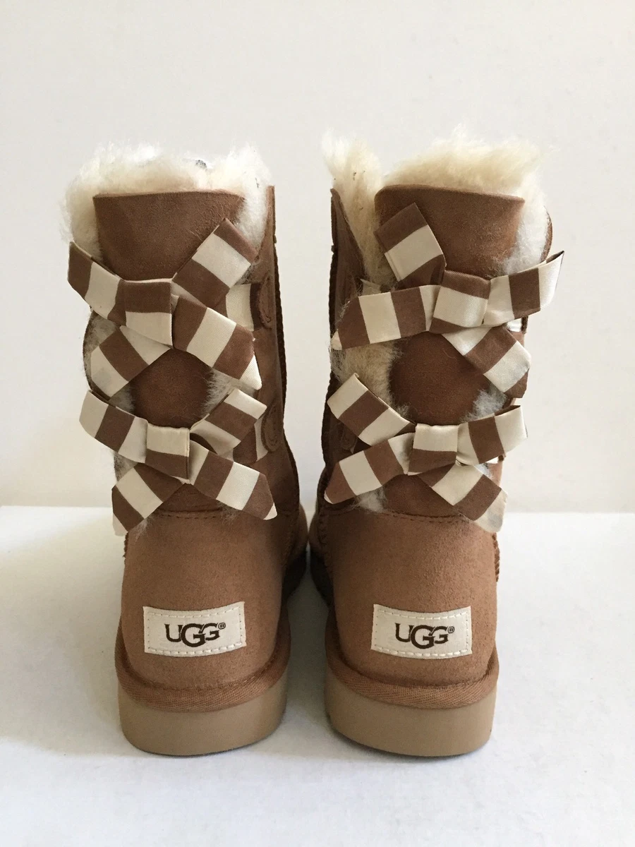 UGG CLASSIC SHORT BAILEY BOW STRIPE CHESTNUT WOMEN BOOT US 8 EU 39 UK 6.5