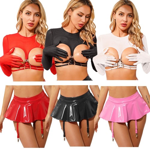 Sexy Women's Mesh T-Shirt Open Cup Bra Top Ruffle Skirt Built-in Thongs Clubwear - Picture 4 of 76