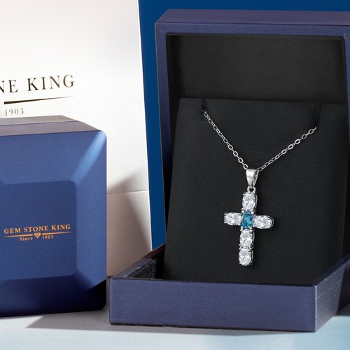 925 Sterling Silver White Topaz and London Blue Topaz Cross Pendant Necklace - Picture 5 of 6