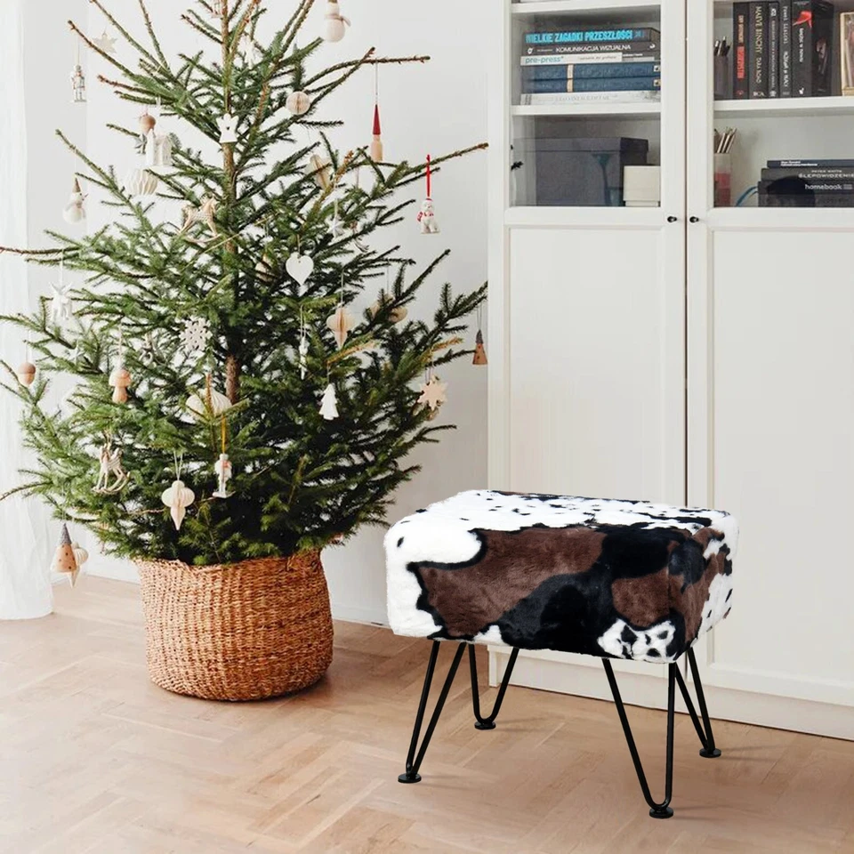 Cow Print Vanity Stool Chair Soft Faux Fur Chair Makeup Stool with 4 Metal Legs - Image 4 of 4