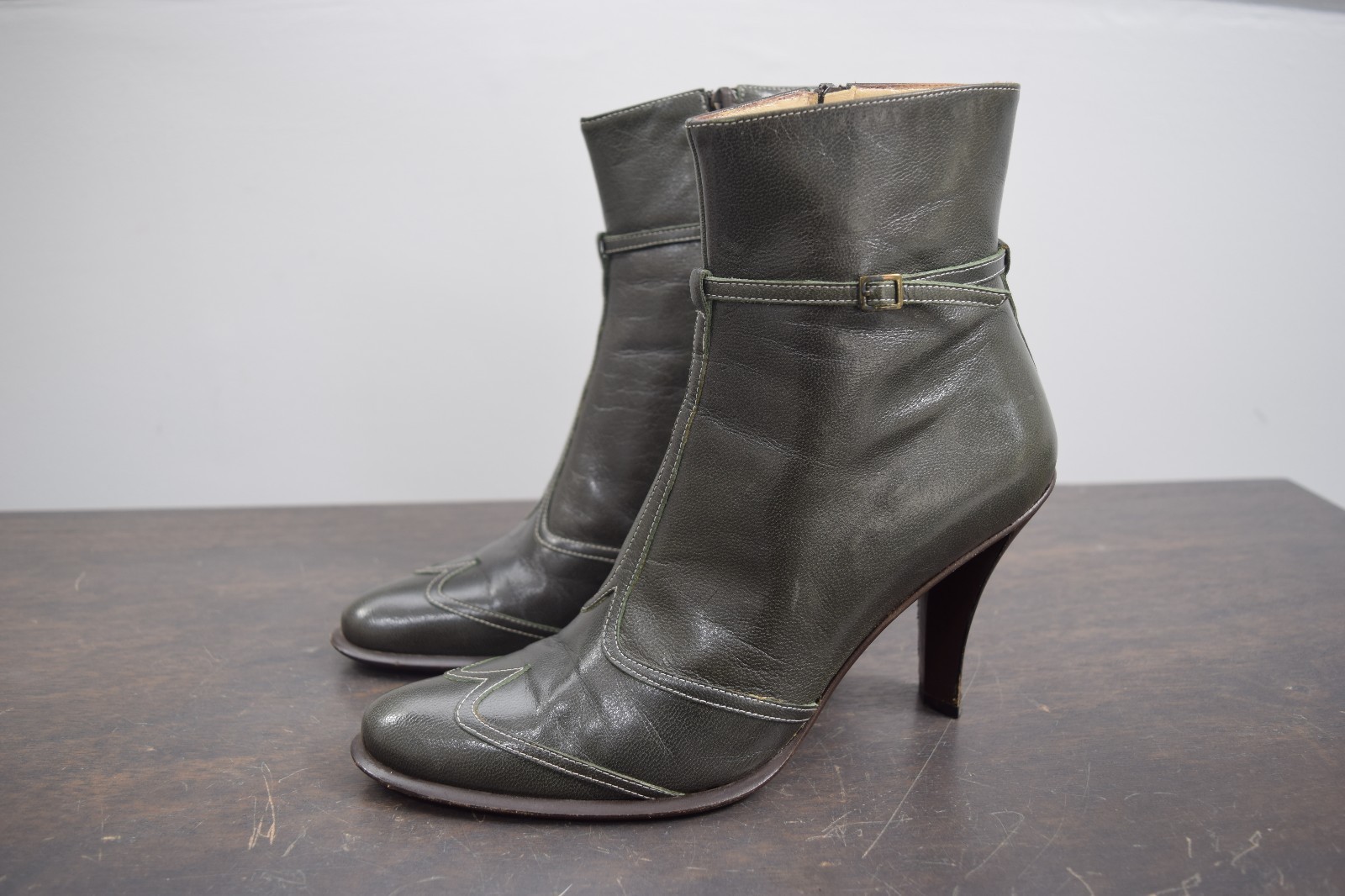 Paola del Lungo PdL Green Leather Wingtip Boots Heels - Made in Italy - Size 37 Paola del Lungo PdL Green Leather Wingtip Boots Heels - Made in Italy - Size 37
