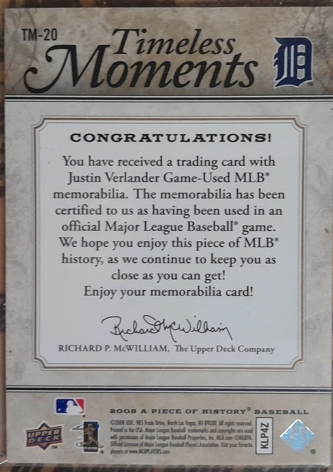 2008 Upper Deck A Piece Of History Justin Verlander Relic #'75. Mets - Image 2 of 2