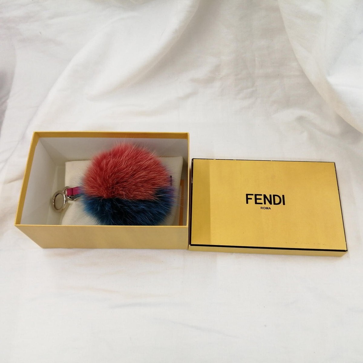 Authentic FENDI Bag Charm Fur Leather Pom pom Key Ring Keychain
