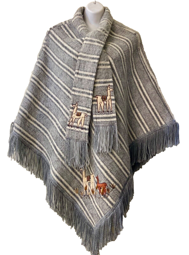 Vintage Alpaca Poncho Handmade Fringe Attached Scarf Embroidered Striped READ