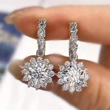 Flower Shape Drop Earring 3Ct Round Cut Simulated Diamond 14K White Gold Plated