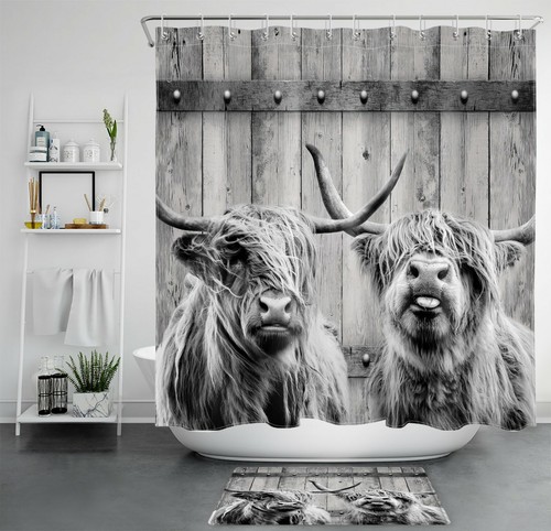 Rustic Board Highland Cow Farmhouse Shower Curtain Bathroom Accessories Set - Picture 14 of 17