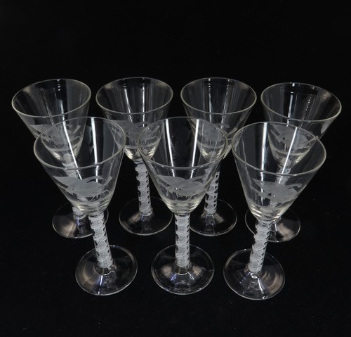 Beautiful Antique Air Twist Stem & Etched Glass Stemware: 7 Wine Glasses 7.5" t - Picture 2 of 6