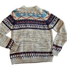 VTG NORDIC Fair Isle SWEATER Pullover Knit ACRYLIC MENS Sz M/L Gray 70s 80s Ski