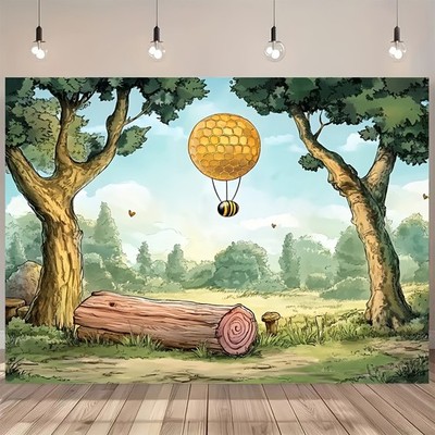 1pc Whimsical Forest & Cute Bear Polyester Backdrop with Hot Air Balloon - Ide