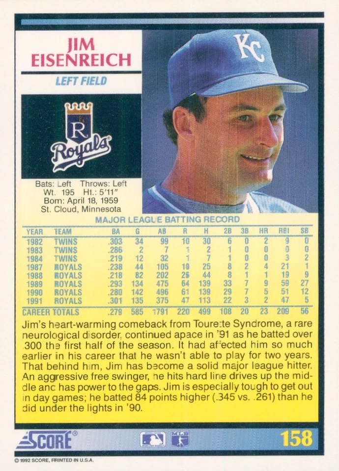 1992 Score #158 Jim Eisenreich - Image 2 of 2