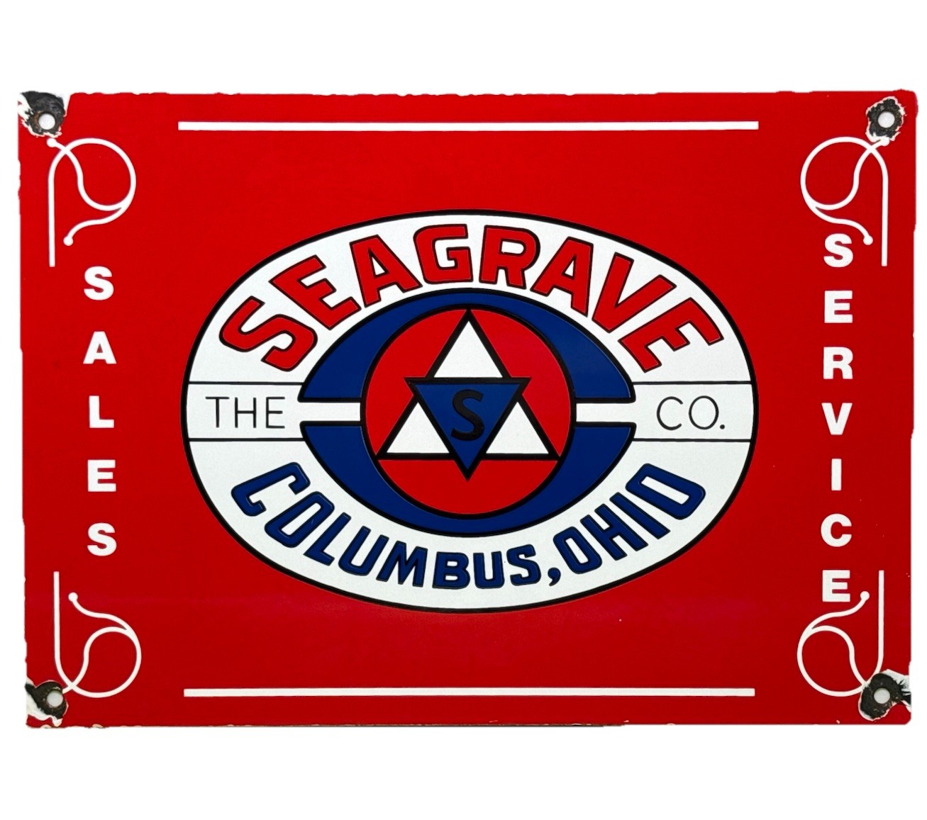 VINTAGE THE SEAGRAVE CO PORCELAIN SIGN FIRE FIGHTER GAS OIL SALES SERVICE OHIO