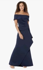 NWT $199 XSCAPE [ 12 ] Adriana Long Scuba Crepe Off Shoulder Gown in Navy