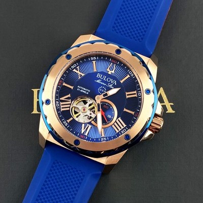Bulova Marine Star 98A227 Automatic 45mm Blue Dial Blue Rubber Strap Men's Watch