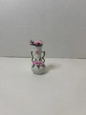 Double Handled Porcelain Mini Vase with Porcelain Flowers 3.5 Inches Tall