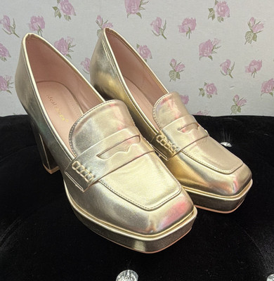 Ideal Shoes Damen Pumps Kunstleder Gold Karree Plateau Blockabsatz Slip-On EU 40
