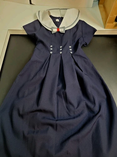 Bonnie Jean Girls Navy Sailor Polka Dot Smocked Bow Dress Size 14