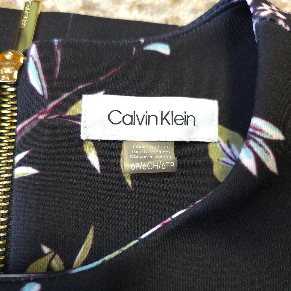 Calvin Klein Black Floral Sheath Dress Women Size 6P Zipped Back Sleeveless - Image 3 of 4