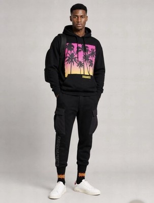 DSQUARED2 D2 Sunrise Hoodie Black Palm Tree Print Size L NWT S74GU0701