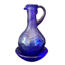 Vintage Cobalt Blue Art Glass Pitcher & Underplate Hand Blown 6.5" Ribbed Jug