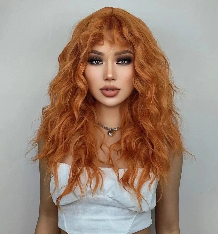 Peluca sintética para mujer pelucas largas de onda rizada con flequillo cosplay fiesta cabello Foto 2 de 4