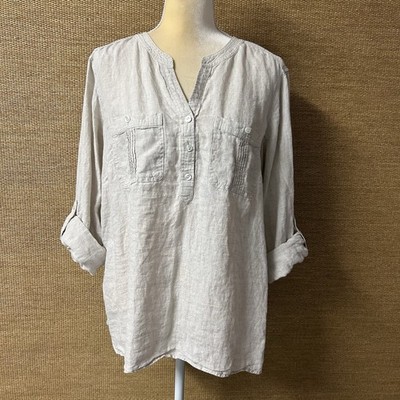 Talbots Top Womens Plus Petite 2XP Beige Linen Roll Tab Sleeve Pockets Popover